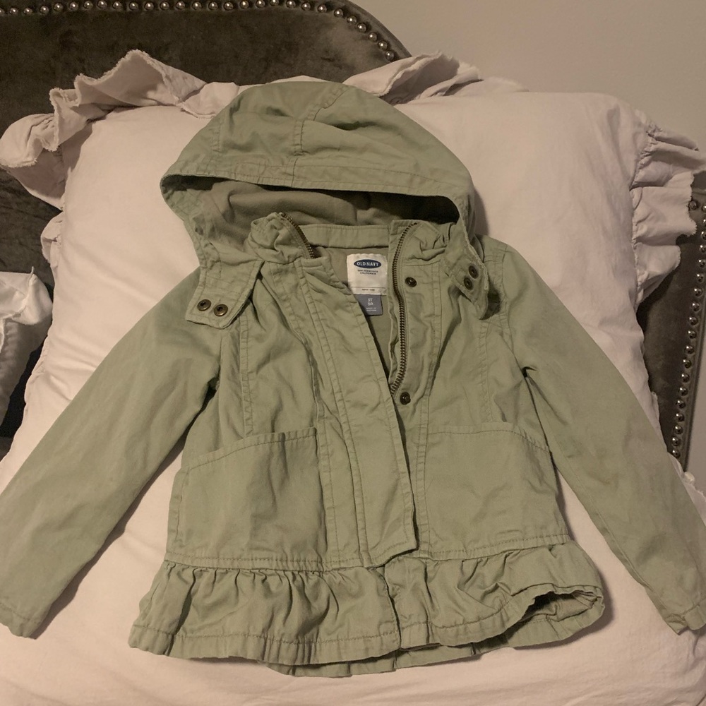 Old Navy 3T green hooded jacket, ruffle trim detail